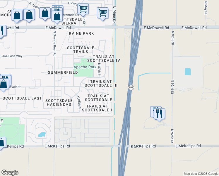 map of restaurants, bars, coffee shops, grocery stores, and more near 1075 North 87th Way in Scottsdale