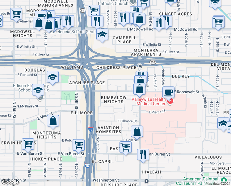 map of restaurants, bars, coffee shops, grocery stores, and more near 2232 East Roosevelt Street in Phoenix