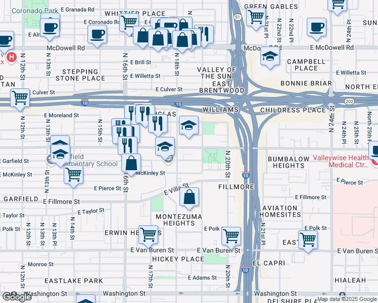 map of restaurants, bars, coffee shops, grocery stores, and more near 1830 East Roosevelt Street in Phoenix