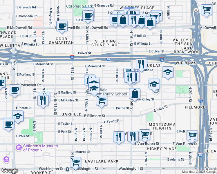 map of restaurants, bars, coffee shops, grocery stores, and more near 1410 East Roosevelt Street in Phoenix