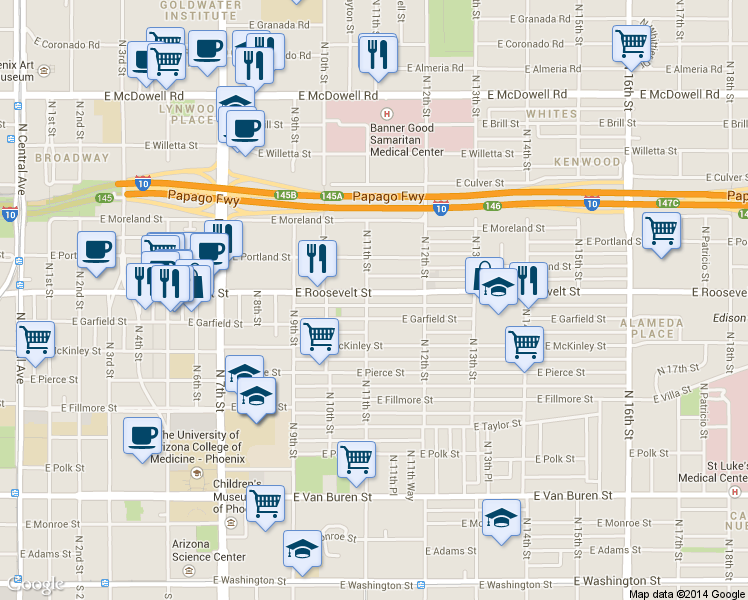 map of restaurants, bars, coffee shops, grocery stores, and more near in Phoenix