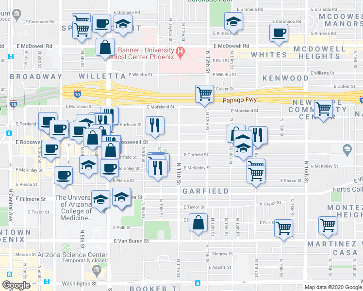 map of restaurants, bars, coffee shops, grocery stores, and more near in Phoenix