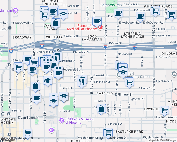 map of restaurants, bars, coffee shops, grocery stores, and more near in Phoenix