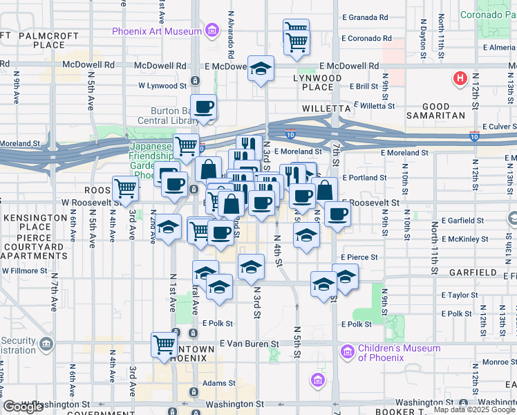 map of restaurants, bars, coffee shops, grocery stores, and more near 333 East Roosevelt Street in Phoenix