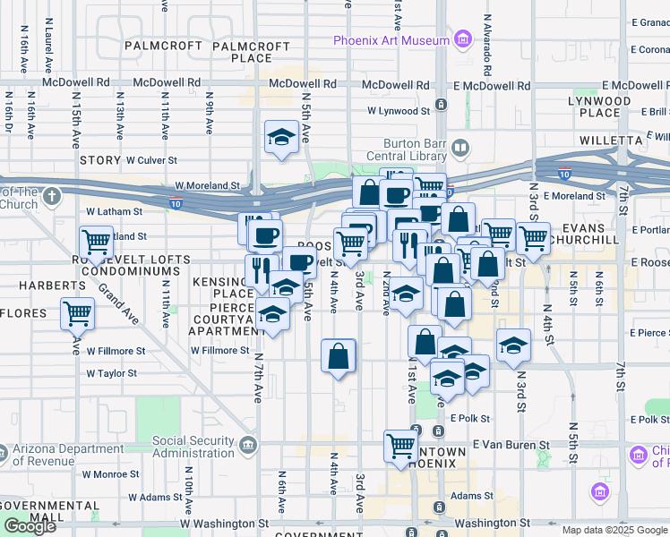 map of restaurants, bars, coffee shops, grocery stores, and more near in Phoenix