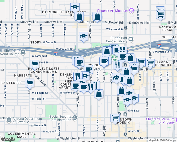 map of restaurants, bars, coffee shops, grocery stores, and more near 420 West Roosevelt Street in Phoenix