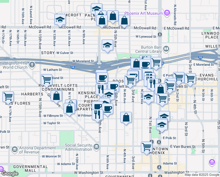map of restaurants, bars, coffee shops, grocery stores, and more near 526 West Roosevelt Street in Phoenix