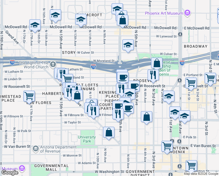 map of restaurants, bars, coffee shops, grocery stores, and more near 814 West Roosevelt Street in Phoenix