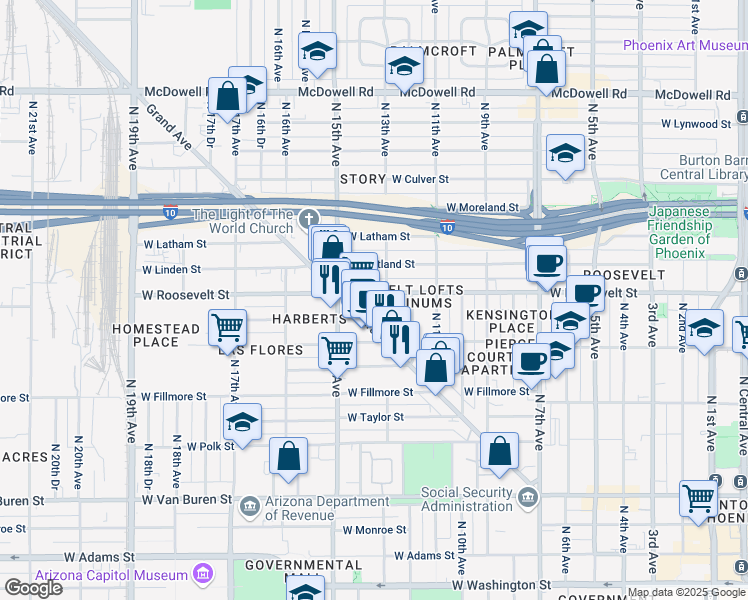 map of restaurants, bars, coffee shops, grocery stores, and more near 1003 North 13th Avenue in Phoenix