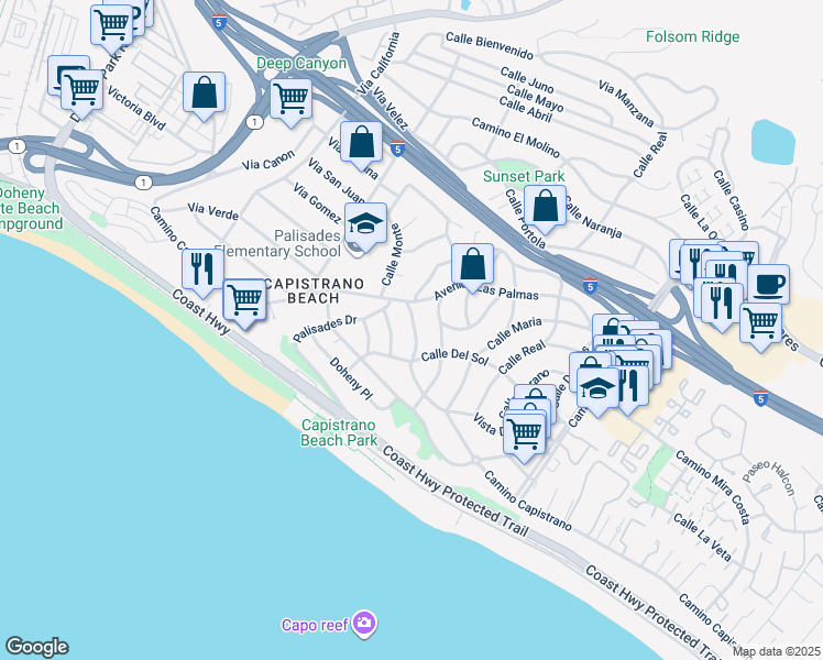 map of restaurants, bars, coffee shops, grocery stores, and more near 34681 Calle Loma in Dana Point