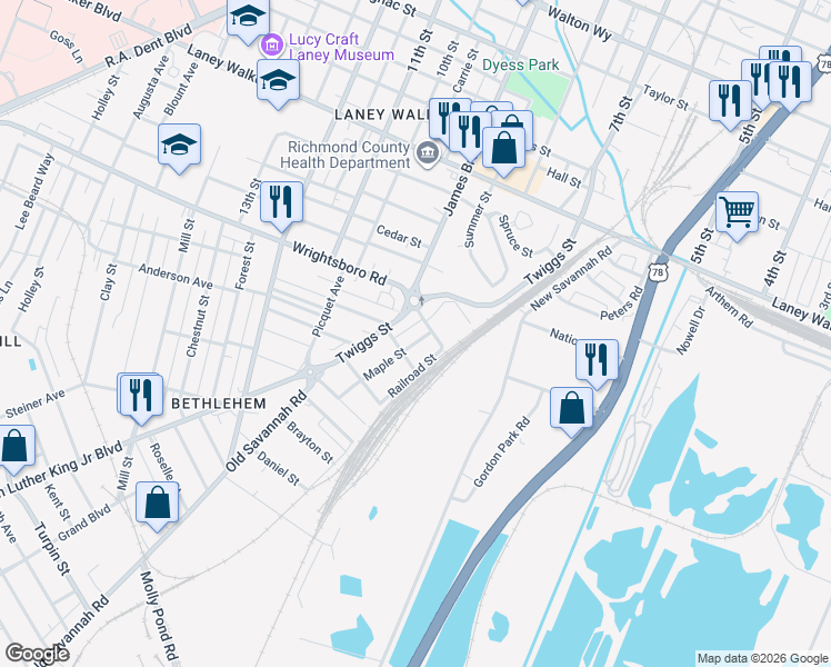 map of restaurants, bars, coffee shops, grocery stores, and more near 1433 James Brown Boulevard in Augusta