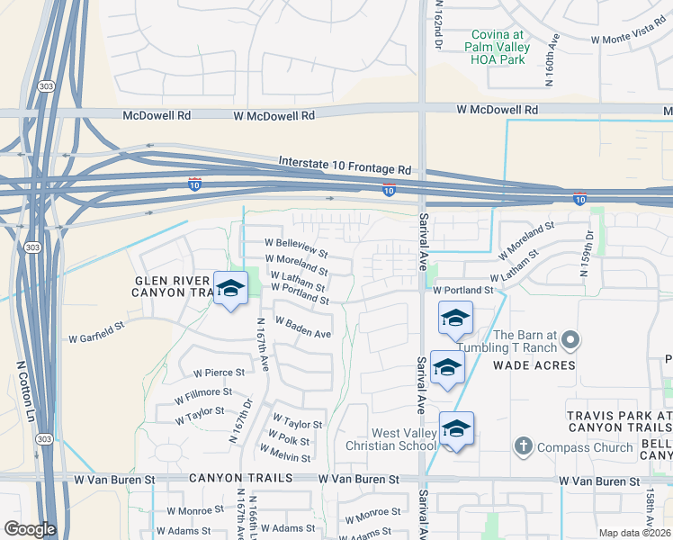 map of restaurants, bars, coffee shops, grocery stores, and more near 16536 West Moreland Street in Goodyear