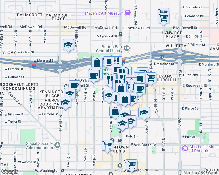 map of restaurants, bars, coffee shops, grocery stores, and more near 110 West Roosevelt Street in Phoenix