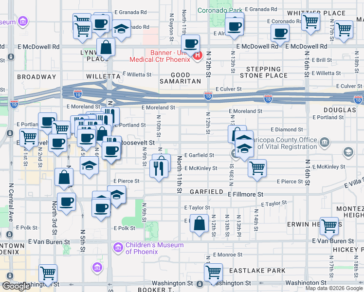 map of restaurants, bars, coffee shops, grocery stores, and more near 1101 East Roosevelt Street in Phoenix