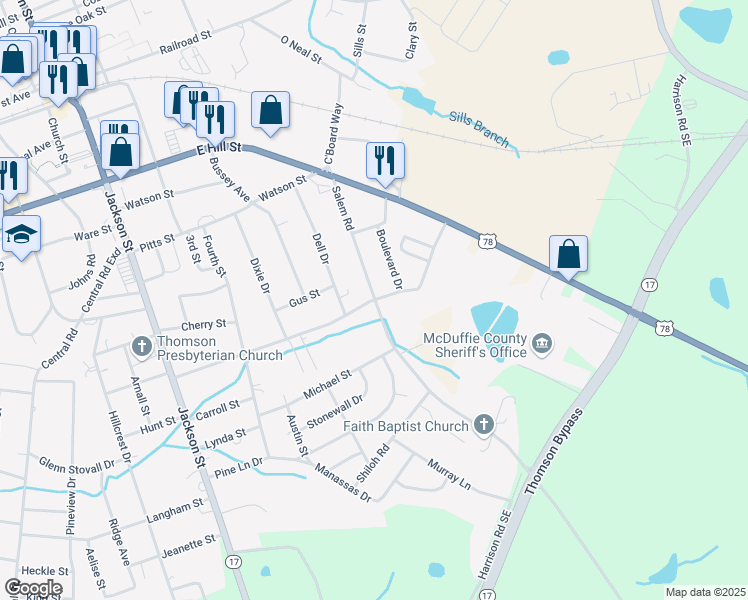 map of restaurants, bars, coffee shops, grocery stores, and more near 642 Forrest Clary Drive Extension in Thomson