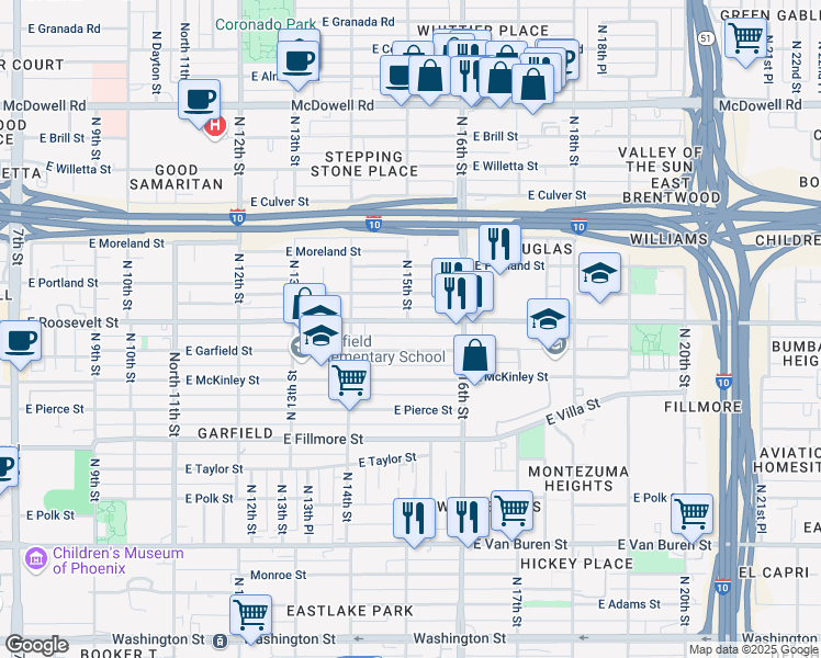 map of restaurants, bars, coffee shops, grocery stores, and more near 1446 East Roosevelt Street in Phoenix