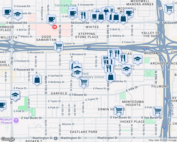 map of restaurants, bars, coffee shops, grocery stores, and more near 1410 East Roosevelt Street in Phoenix
