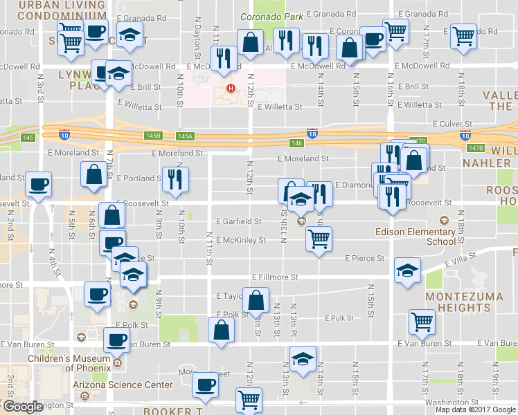 map of restaurants, bars, coffee shops, grocery stores, and more near 1211 East Roosevelt Street in Phoenix