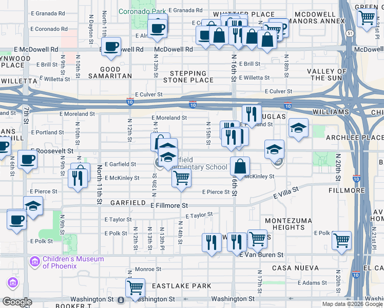 map of restaurants, bars, coffee shops, grocery stores, and more near 1417 East Roosevelt Street in Phoenix