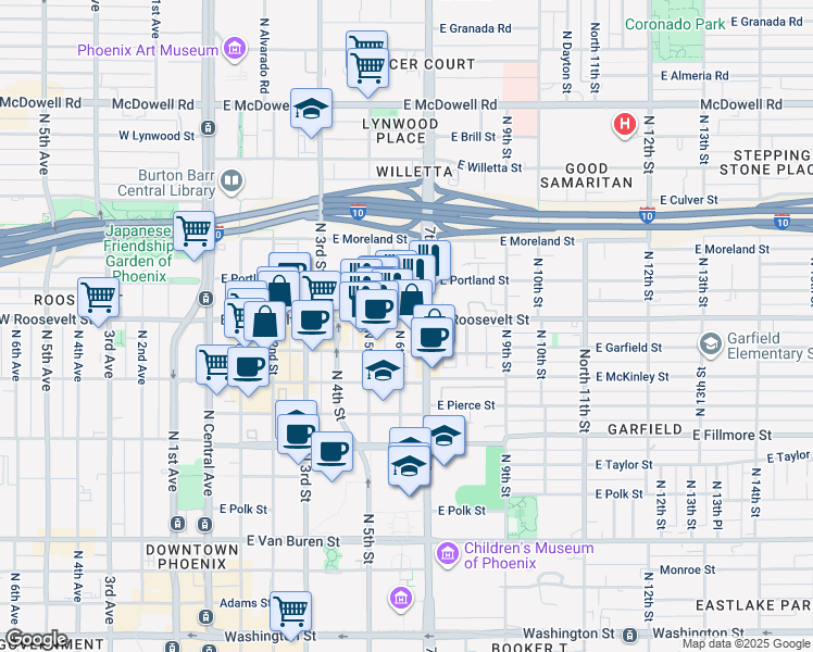 map of restaurants, bars, coffee shops, grocery stores, and more near 144 East Roosevelt Street in Phoenix