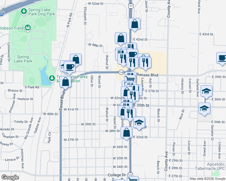 map of restaurants, bars, coffee shops, grocery stores, and more near 4207 Hazel Street in Texarkana