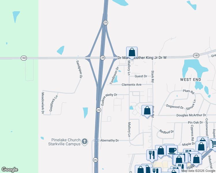 map of restaurants, bars, coffee shops, grocery stores, and more near Doctor Martin Luther King Junior Drive West in Starkville