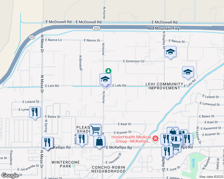 map of restaurants, bars, coffee shops, grocery stores, and more near 2331 North Horne in Mesa