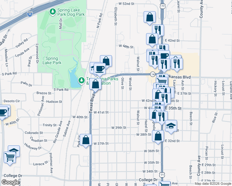 map of restaurants, bars, coffee shops, grocery stores, and more near 4217 Elizabeth Street in Texarkana