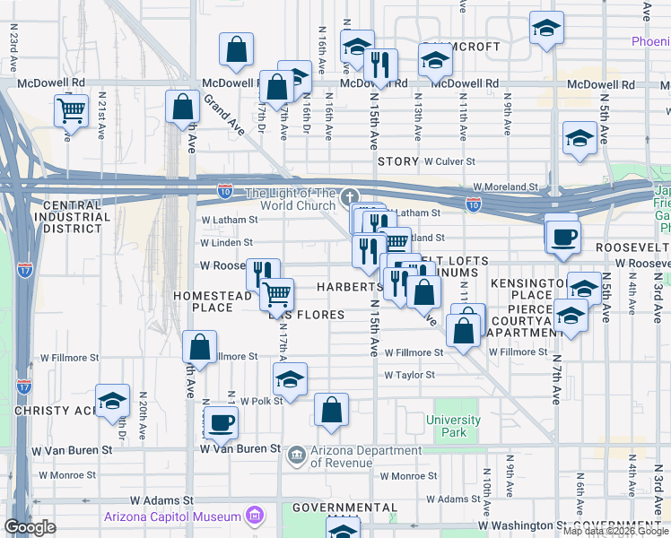 map of restaurants, bars, coffee shops, grocery stores, and more near 1545 West Roosevelt Street in Phoenix