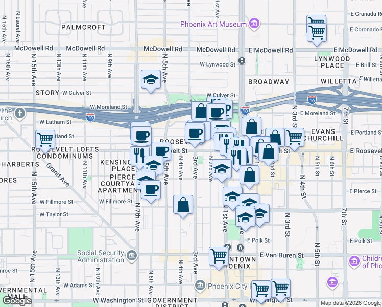 map of restaurants, bars, coffee shops, grocery stores, and more near in Phoenix