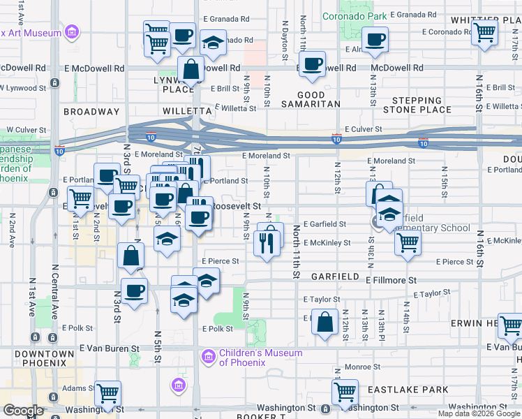 map of restaurants, bars, coffee shops, grocery stores, and more near 917 East Roosevelt Street in Phoenix