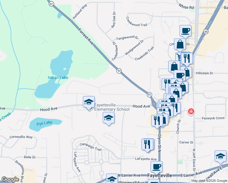 map of restaurants, bars, coffee shops, grocery stores, and more near 154 Winona Drive in Fayetteville