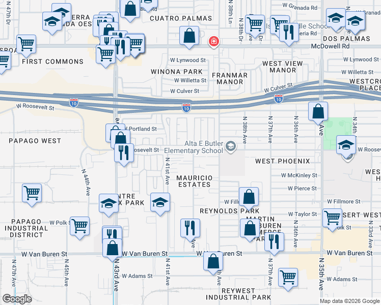 map of restaurants, bars, coffee shops, grocery stores, and more near 4005 West Roosevelt Street in Phoenix