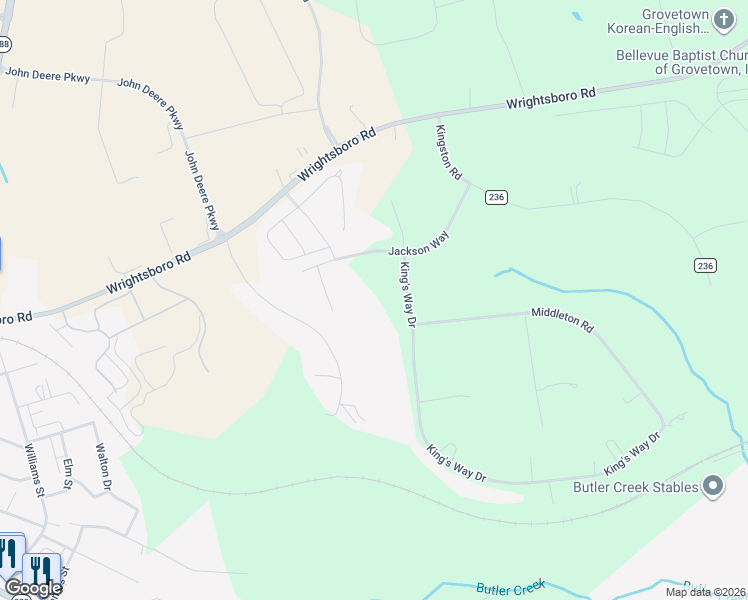 map of restaurants, bars, coffee shops, grocery stores, and more near 251 King's Way Drive in Grovetown