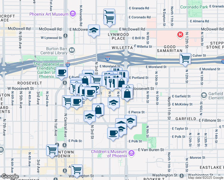 map of restaurants, bars, coffee shops, grocery stores, and more near 144 East Roosevelt Street in Phoenix