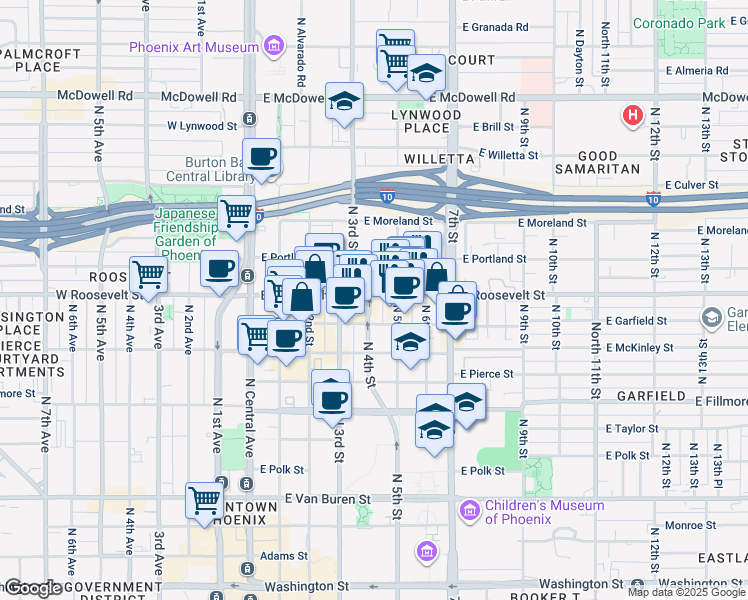 map of restaurants, bars, coffee shops, grocery stores, and more near 414 East Roosevelt Street in Phoenix