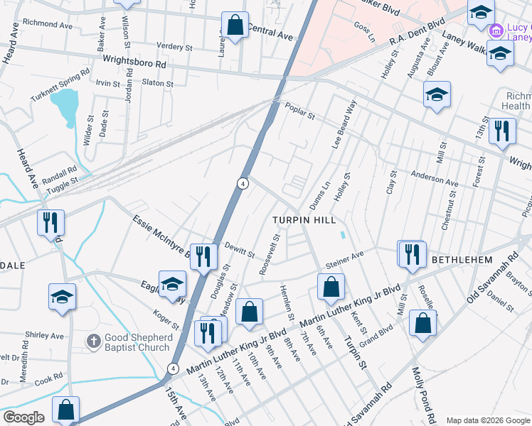 map of restaurants, bars, coffee shops, grocery stores, and more near 1625 Ramsey Street in Augusta
