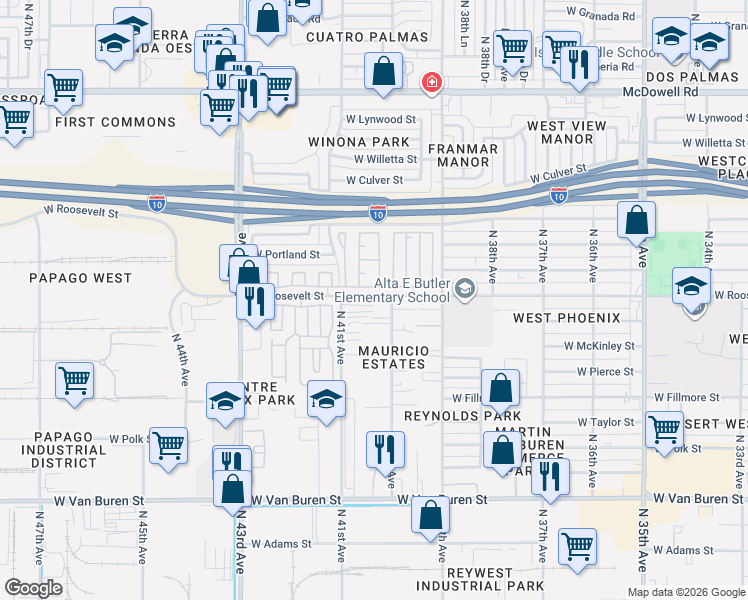 map of restaurants, bars, coffee shops, grocery stores, and more near 4005 West Roosevelt Street in Phoenix