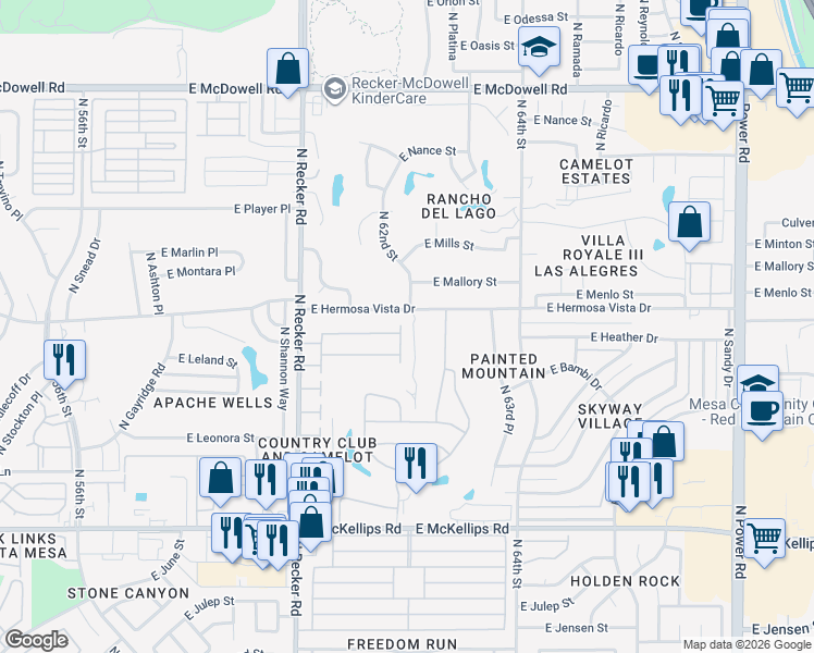map of restaurants, bars, coffee shops, grocery stores, and more near 6151 East Hermosa Vista Drive in Mesa