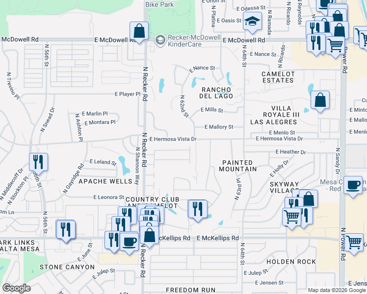 map of restaurants, bars, coffee shops, grocery stores, and more near 6151 East Hermosa Vista Drive in Mesa