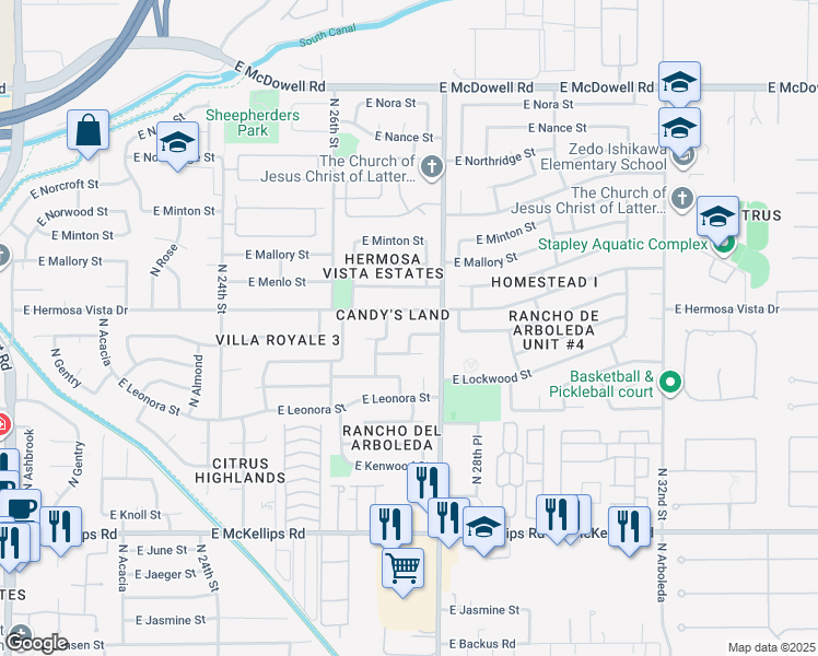 map of restaurants, bars, coffee shops, grocery stores, and more near 2361 North Yale in Mesa