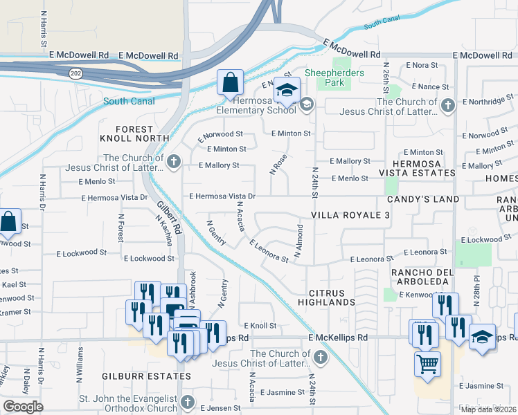 map of restaurants, bars, coffee shops, grocery stores, and more near 2229 East Hermosa Vista Drive in Mesa