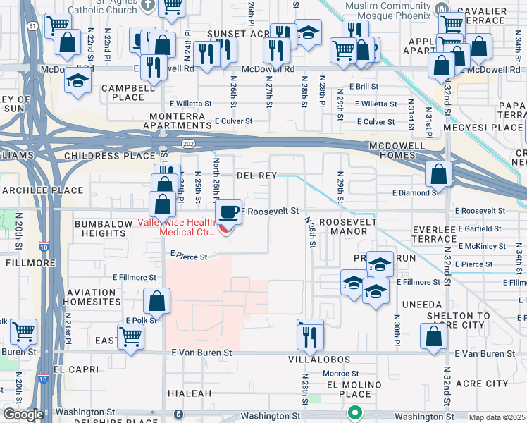 map of restaurants, bars, coffee shops, grocery stores, and more near 2628 East Roosevelt Street in Phoenix