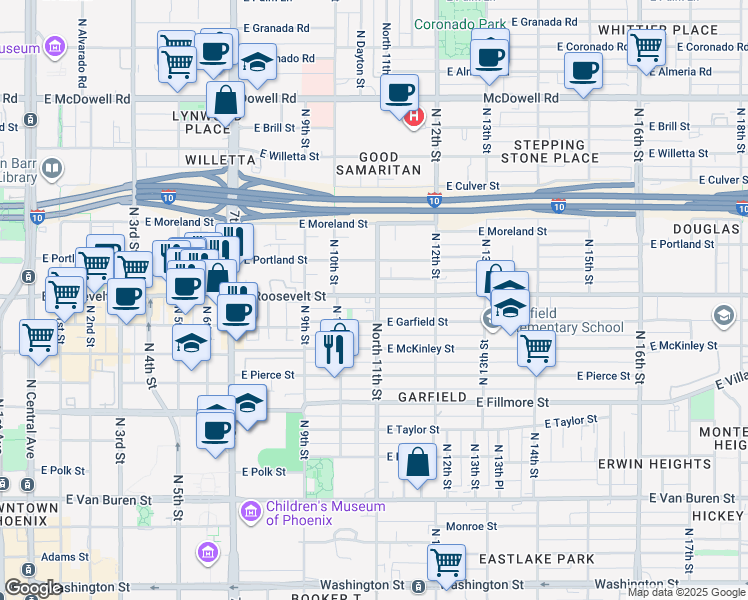 map of restaurants, bars, coffee shops, grocery stores, and more near in Phoenix