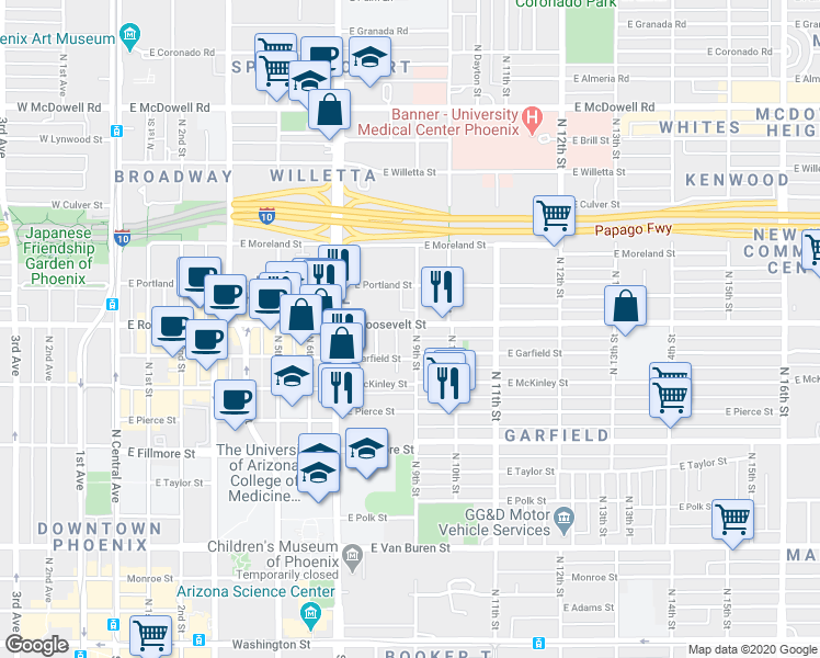 map of restaurants, bars, coffee shops, grocery stores, and more near 1010 North 9th Street in Phoenix