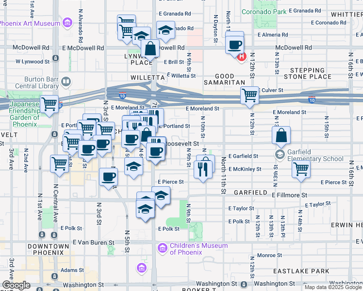 map of restaurants, bars, coffee shops, grocery stores, and more near 1010 North 9th Street in Phoenix