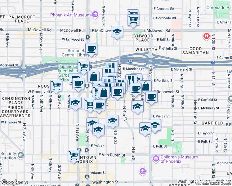 map of restaurants, bars, coffee shops, grocery stores, and more near 333 East Roosevelt Street in Phoenix