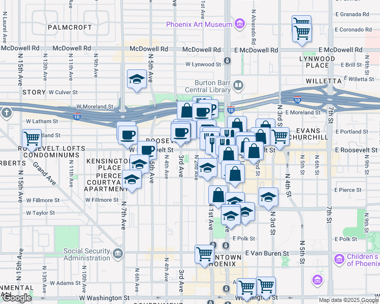 map of restaurants, bars, coffee shops, grocery stores, and more near 210 West Roosevelt Street in Phoenix
