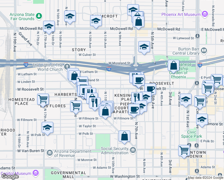 map of restaurants, bars, coffee shops, grocery stores, and more near 922 West Roosevelt Street in Phoenix