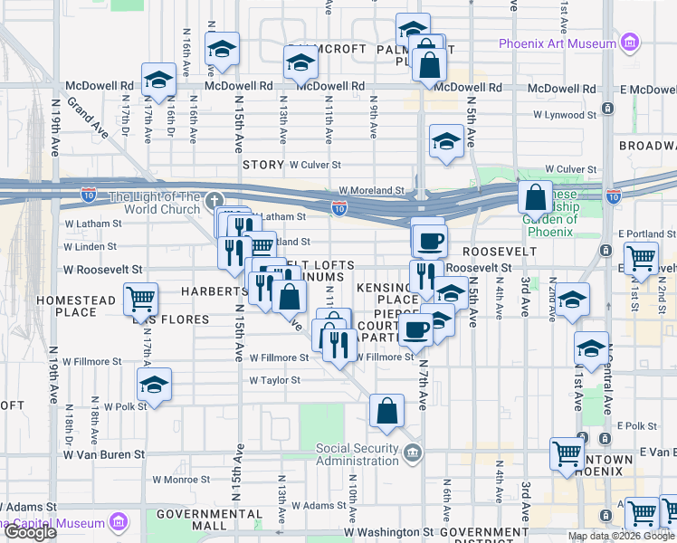 map of restaurants, bars, coffee shops, grocery stores, and more near 922 West Roosevelt Street in Phoenix